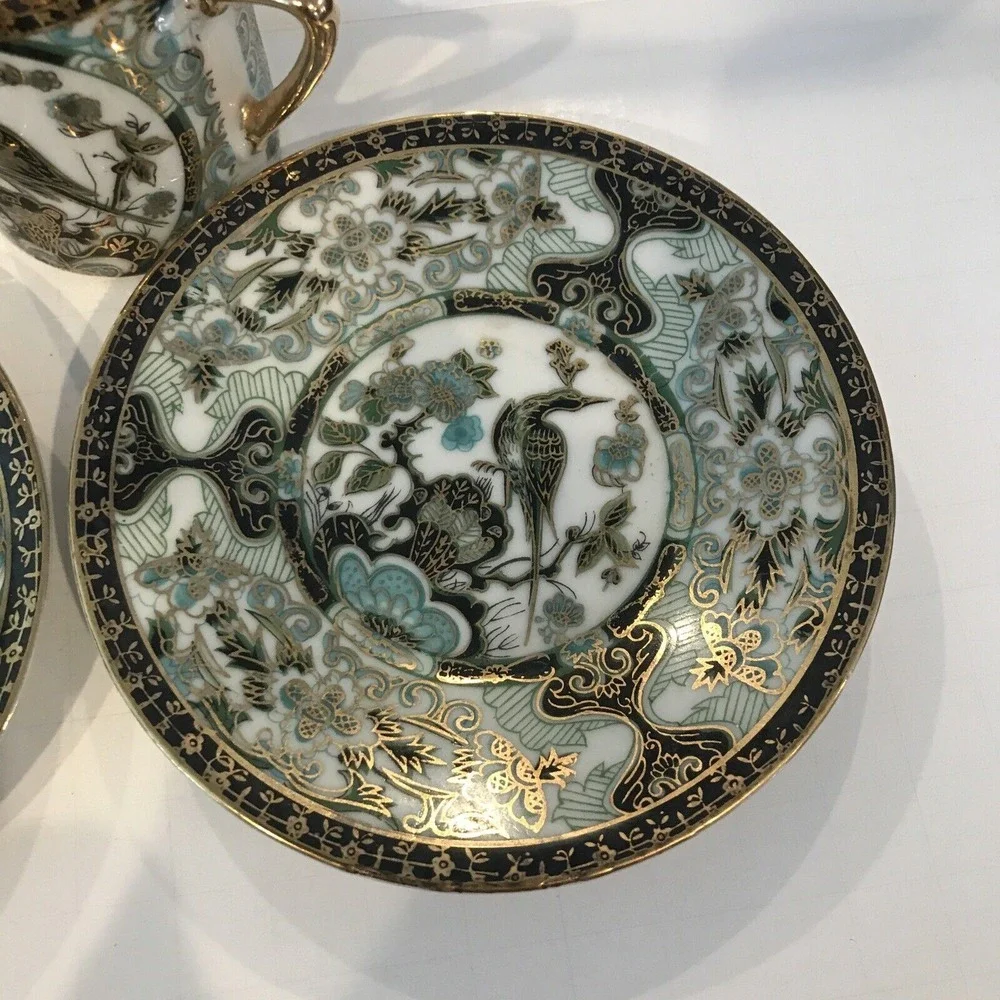 Lot of 2 Vintage‎ Porcelain Japanese Green and Gold Peacock Demitasse Tea Cups